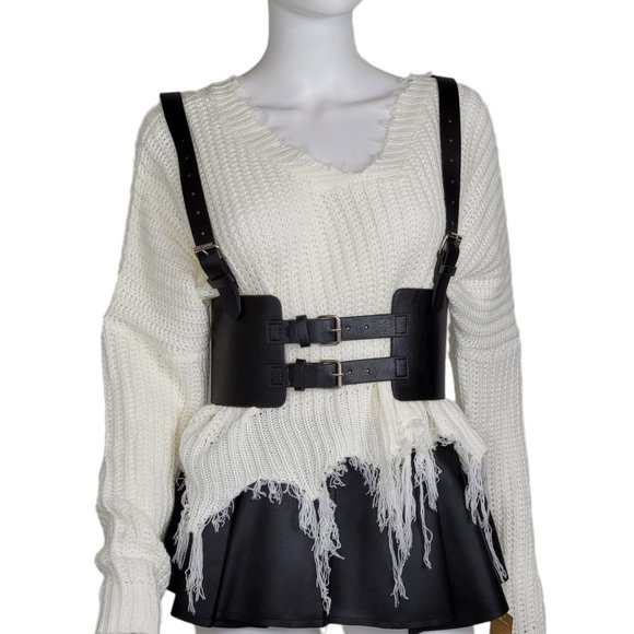 Leather Vintage Style Suspender Belt, Distressed Sweater, and Peplum Skirt - Picture 6 of 8